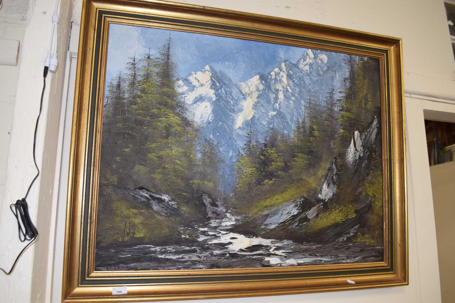 Alpine river scene, oil on canvas, framed