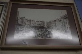 Market scene, reproduction print, framed and glazed