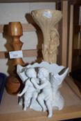 Mixed Lot: Turned wooden candlestick and two assorted figurines