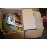 Two boxes of needlepoint supplies to include canvases, stretchers, wools etc