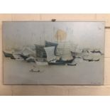 A retro Oriental print on board Asian Harbour scene