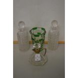 Two cut glass decanters, further small spirit decanter and a vase (4)