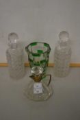 Two cut glass decanters, further small spirit decanter and a vase (4)