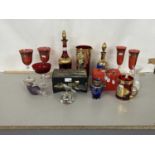 Mixed Lot: Various ruby glass wares, Oriental jewellery box and other items