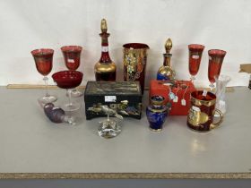 Mixed Lot: Various ruby glass wares, Oriental jewellery box and other items