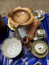 Tray of various mixed ceramics, Carnival Glass vase etc