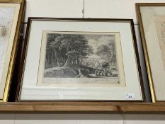An antique French engraving, figures in a woodland setting after Hermon van Swaneuelt, framed and