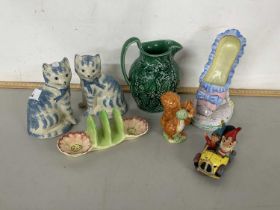 Pair of Rye pottery cats, a further Noddy car, Beatrix Potter Squirrel Nutkin figure and other