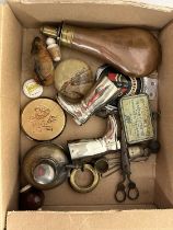 Box of copper shot flask and various other items