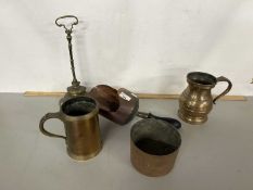 Mixed Lot: Brass and copper wares to include door stop, tankards etc