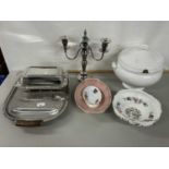 Mixed Lot: Silver plated serving dish, candelabra, soup tureen, various ceramics, steel serving dish