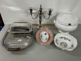 Mixed Lot: Silver plated serving dish, candelabra, soup tureen, various ceramics, steel serving dish