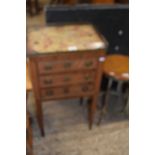 Small French marble top three drawer bedside cabinet with brass galleried top, 51cm wide