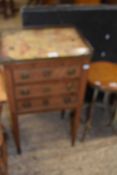 Small French marble top three drawer bedside cabinet with brass galleried top, 51cm wide