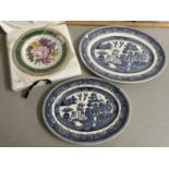 Mixed Lot: Two Willow pattern meat plates and a Royal Horticultural Society plate