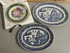 Mixed Lot: Two Willow pattern meat plates and a Royal Horticultural Society plate