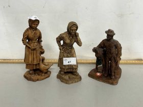 Group of three carved wooden continental figures