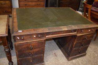 Late 19th/early 20th Century oak twin pedestal partners type desk, requiring restoration, 137cm