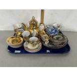 Tray of various ceramics to include gold lustre finish tea set