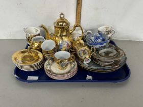 Tray of various ceramics to include gold lustre finish tea set