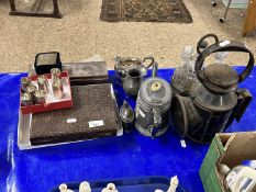 Mixed Lot: Vintage railway lamp, assorted cutlery, cruet and other assorted items