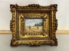 Audrey Clarke, small oil of a harvest scene, gilt framed