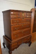 Georgian oak and cross banded chest on stand requiring significant restoration