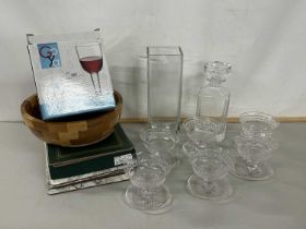 Mixed Lot: Cut glass sundae dishes, decanter, place mat etc