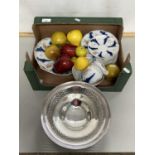 Box of early 20th Century tea wares, silver plated fruit bowl and a quantity of simulated fruit