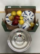 Box of early 20th Century tea wares, silver plated fruit bowl and a quantity of simulated fruit