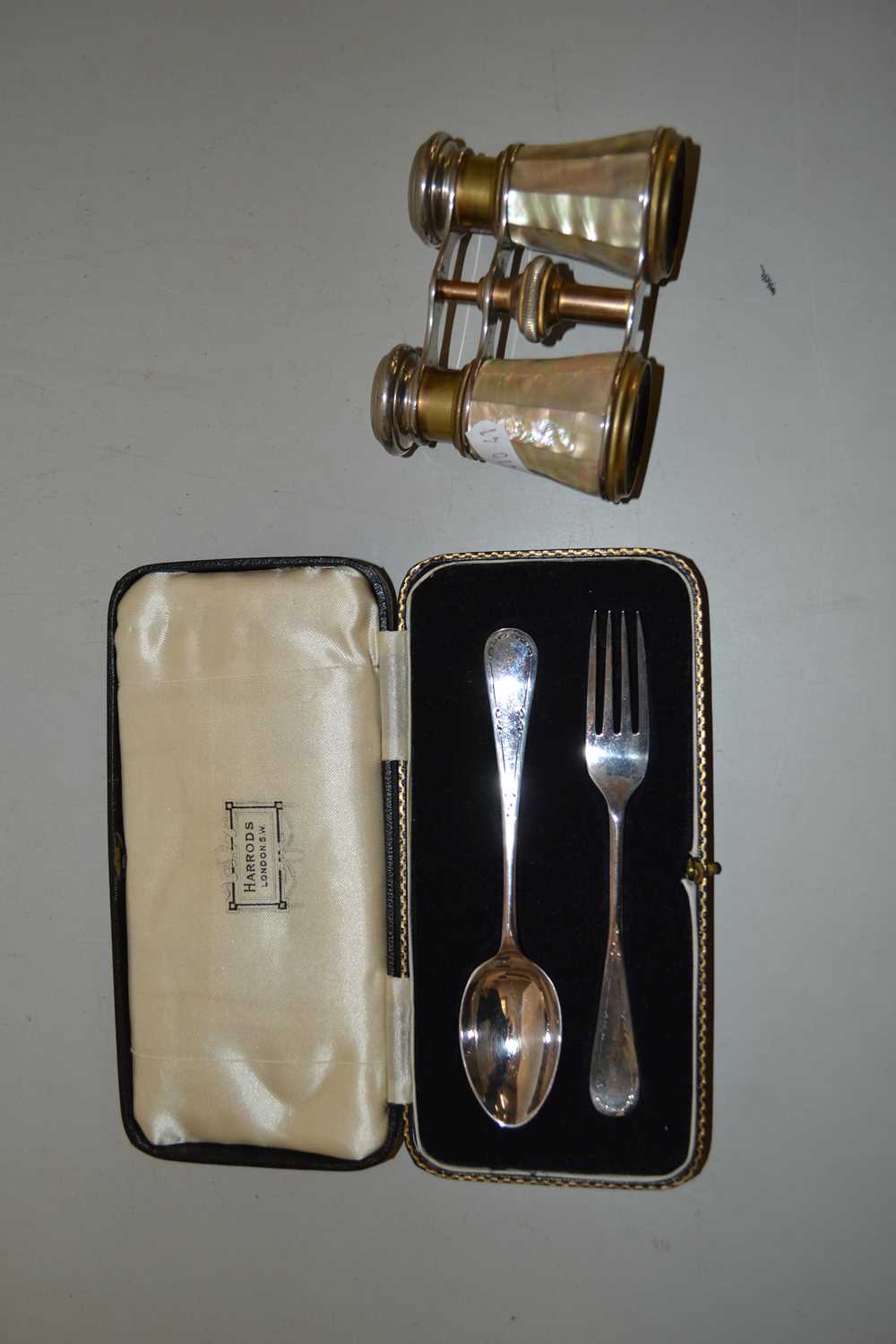 Pair of vintage opera glasses and cased Harrods silver plated christening cutlery