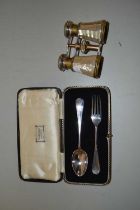Pair of vintage opera glasses and cased Harrods silver plated christening cutlery