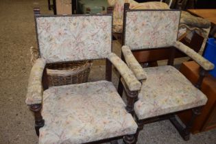 Pair of late 19th Century oak framed and floral upholstered carver chairs