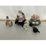 Mixed Lot: Porcelain hat pin stand, pin cushion dolls, small model Buddha and other items