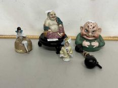 Mixed Lot: Porcelain hat pin stand, pin cushion dolls, small model Buddha and other items