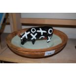Turned wooden bowl, plate and a pottery cow