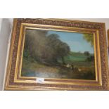 19th Century school study of figures before a country cottage, oil on board