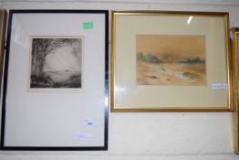 Mixed Lot: Small black and white etching, indistinctly signed in pencil together with a
