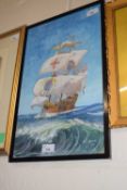 Ernest J. Hall (British, 20th century), Tall Rigged Ship, gouache on board, signed and dated '30,