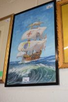 Ernest J. Hall (British, 20th century), Tall Rigged Ship, gouache on board, signed and dated '30,