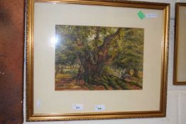 Gentleman by an oak tree, watercolour, framed and glazed