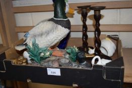 Mixed Lot: Pair of turned wooden candlesticks, duck figurines etc
