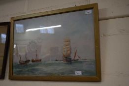 Ships at Sea by Ernest Hall, framed and glazed