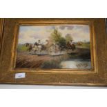 Oil on board coaching scene bearing indistinct signature possibly Kistanng, gilt framed