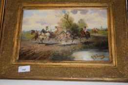 Oil on board coaching scene bearing indistinct signature possibly Kistanng, gilt framed