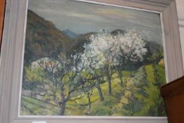 20th Century school study of blossoming trees, oil on board