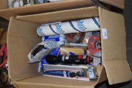 Box of various garage clearance items, grinding discs, ratchet etc