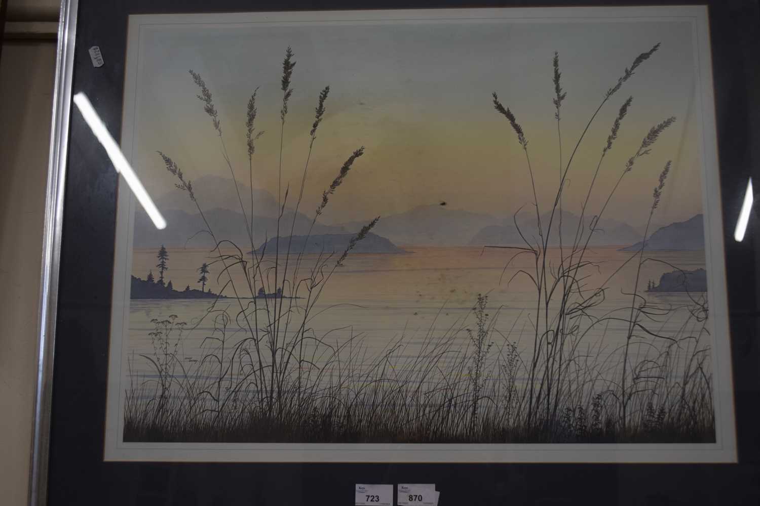 Jeane Duffey, study of a lakeside scene, coloured print, framed and glazed