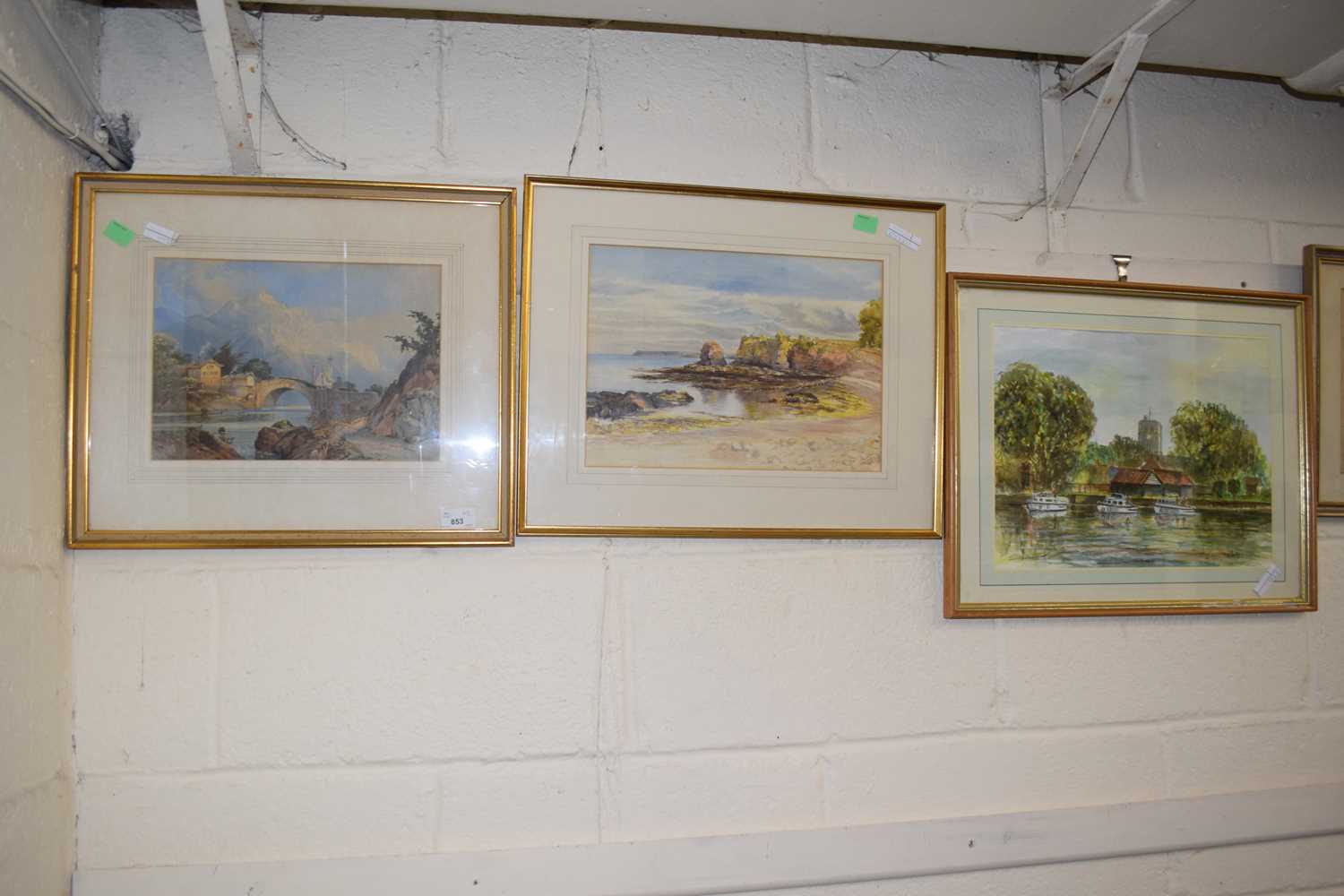 Two gilt framed watercolours, an alpine scene with bridge, signed Edward Richardson together with