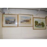 Two gilt framed watercolours, an alpine scene with bridge, signed Edward Richardson together with